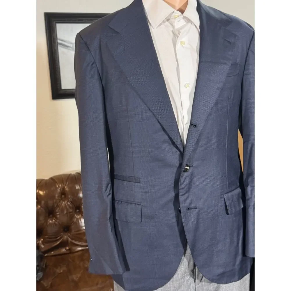Brunello Cucinelli Navy Prince of Wales Houndstooth 50R 40R Blazer Jacket